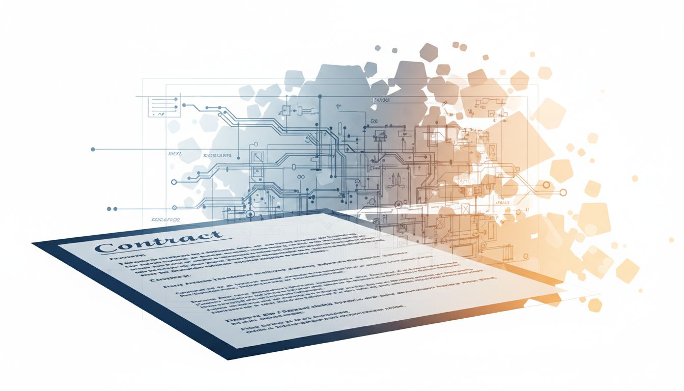 A contract overlaid on a fading technical blueprint, suggesting that legal ownership captures only part of what a software company actually is