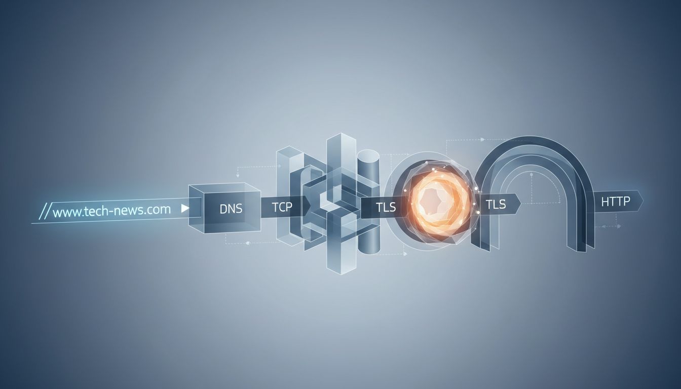Abstract diagram showing the layered protocol stages a browser navigates before displaying a webpage