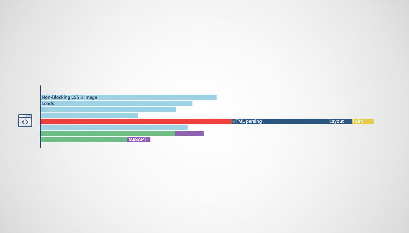 Stylized waterfall diagram showing how browser resource loading can be blocked by a single render-blocking script