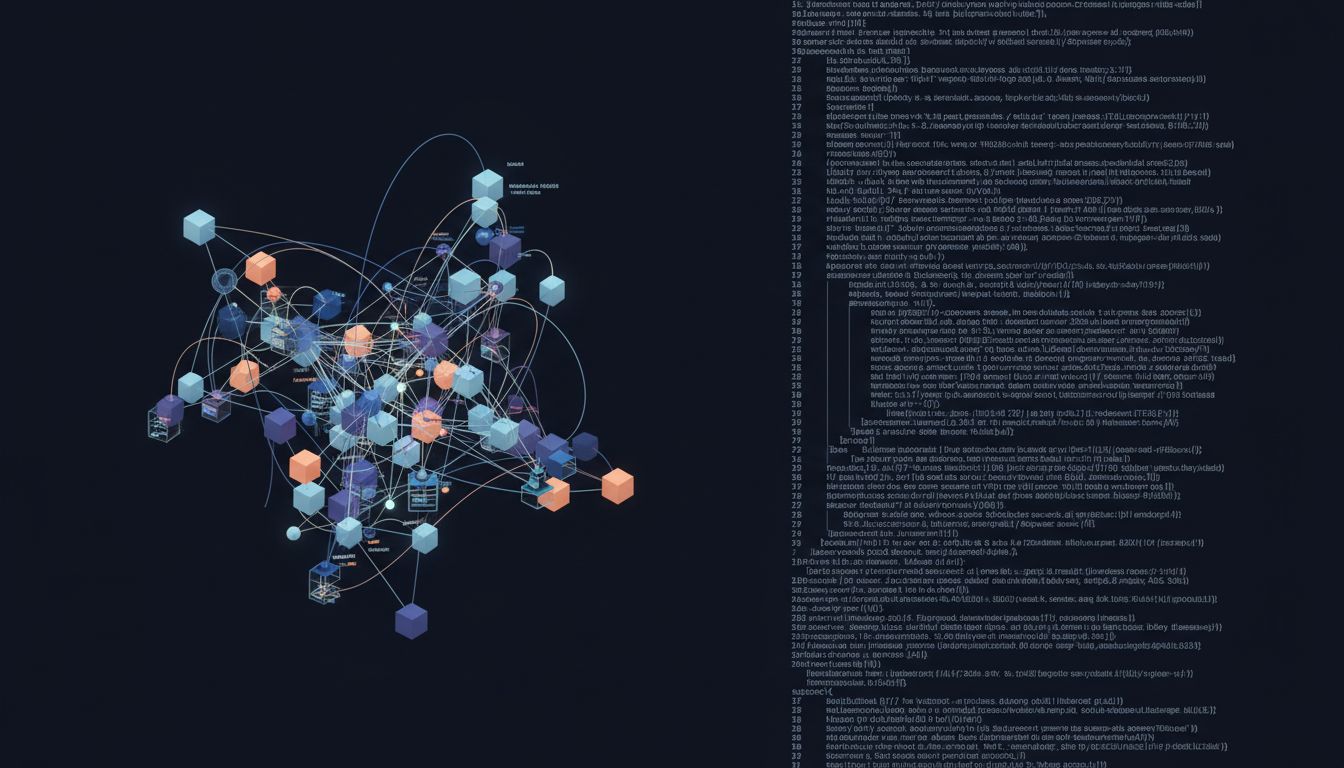 Two views of a codebase: a rich connected graph versus a flat scroll of text