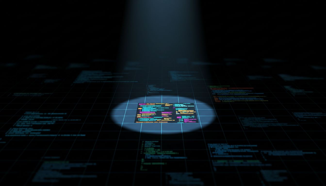 A spotlight illuminating a small portion of a large dark grid of code blocks
