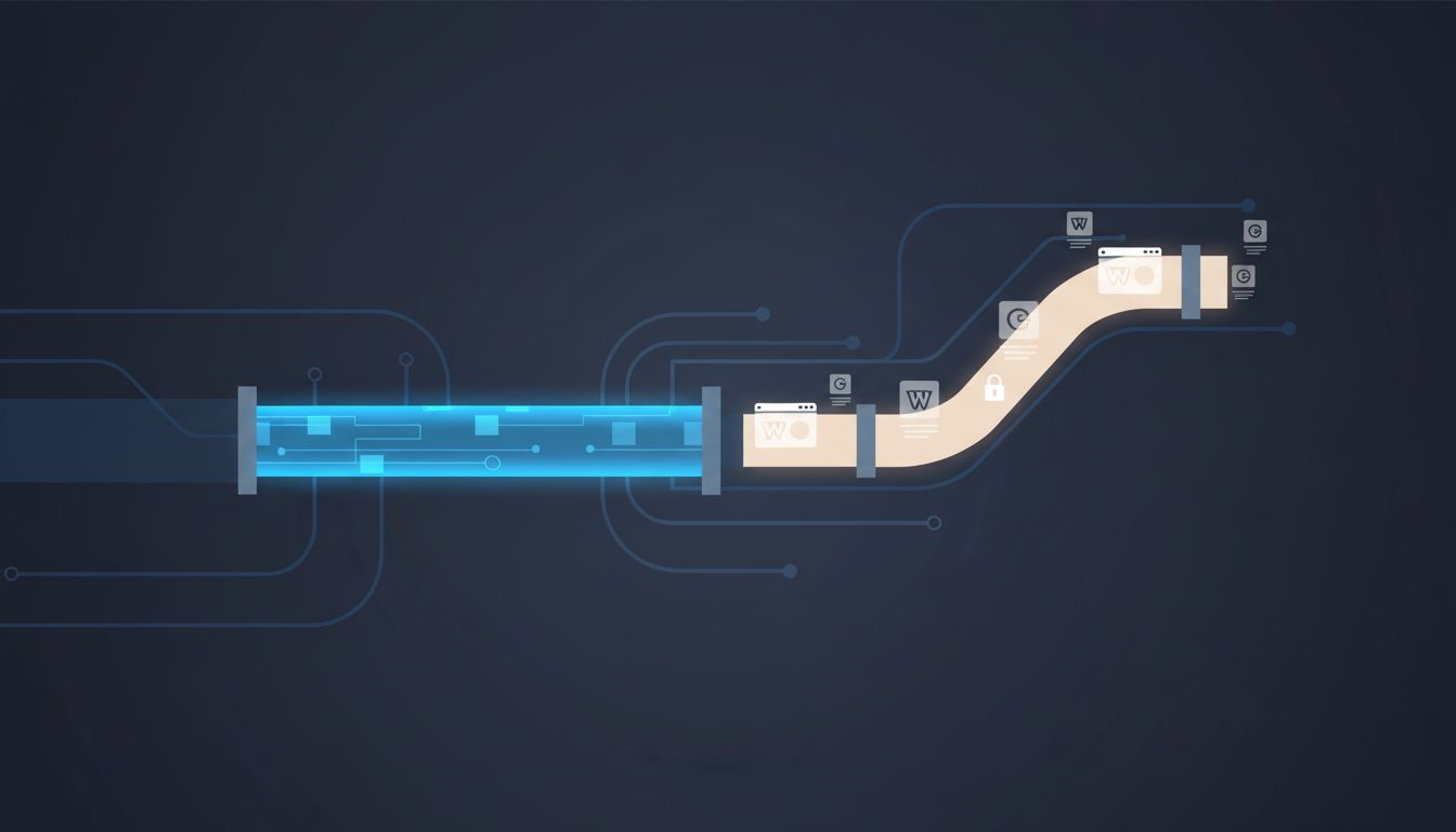 Illustration showing an encrypted VPN tunnel with a separate exposed DNS query path branching off, revealing domain names in plaintext