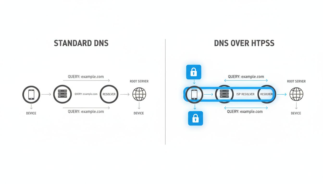 Diagram comparing standard unencrypted DNS queries visible at every network hop versus DNS over HTTPS where query content is sealed and hidden