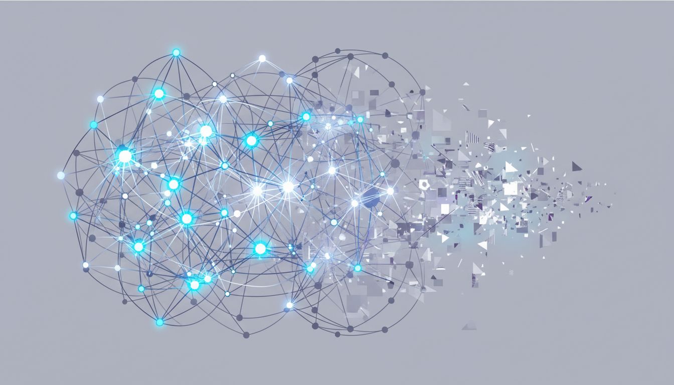 Abstract illustration of a neural network where some nodes glow confidently and others dissolve into fog, representing LLM uncertainty