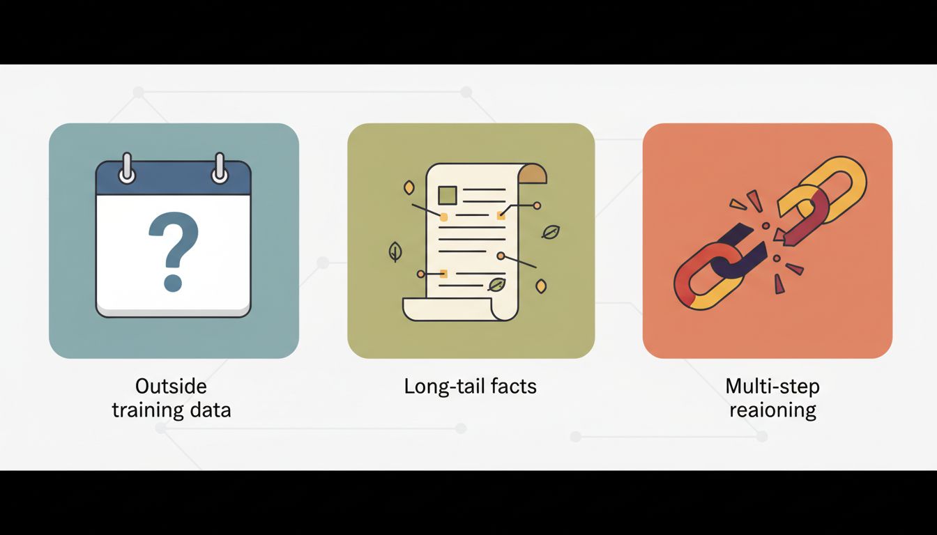 Diagram showing the three LLM failure modes: questions outside training data, long-tail factual queries, and multi-step reasoning under constraints