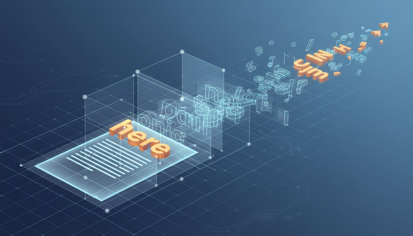 Abstract illustration of a document being filtered through layered attention grids, with some text highlighted and other text fading away