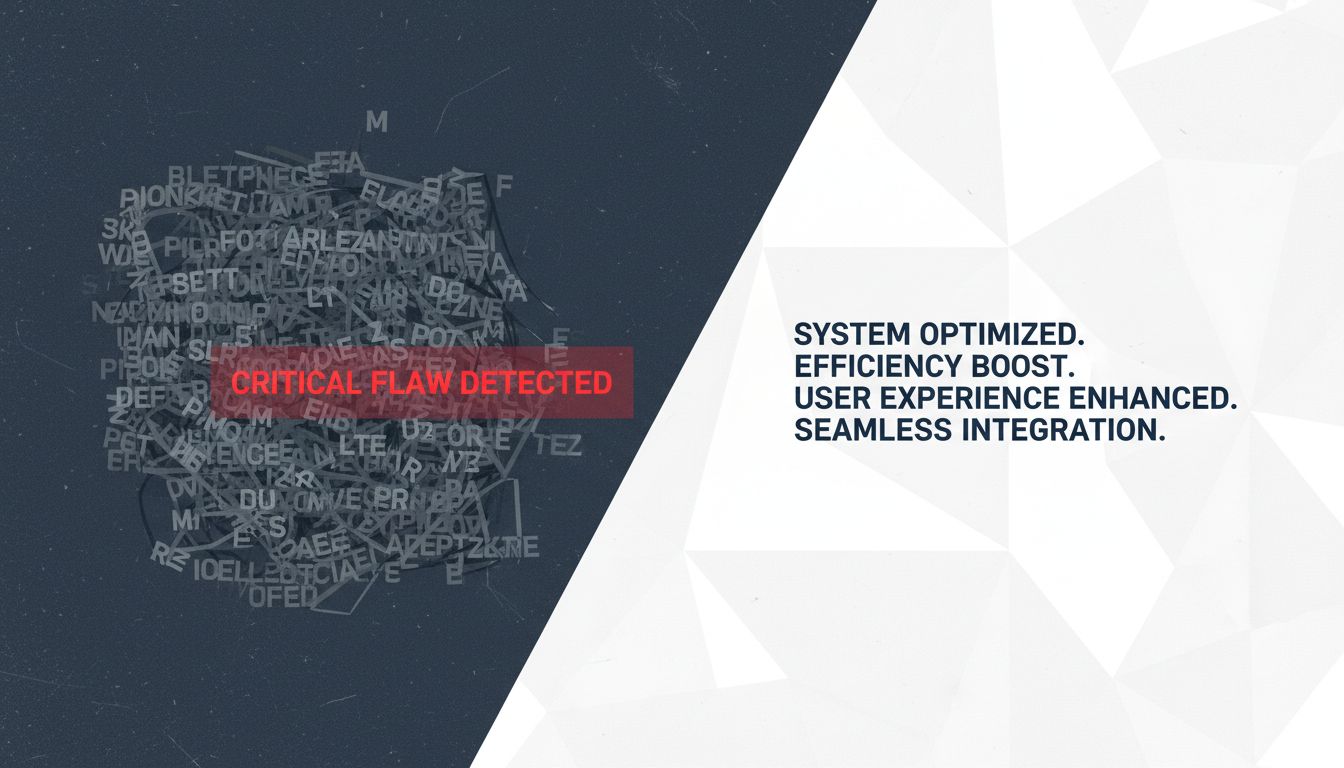 Split illustration showing a source document with a critical detail highlighted versus a clean summary that omits it
