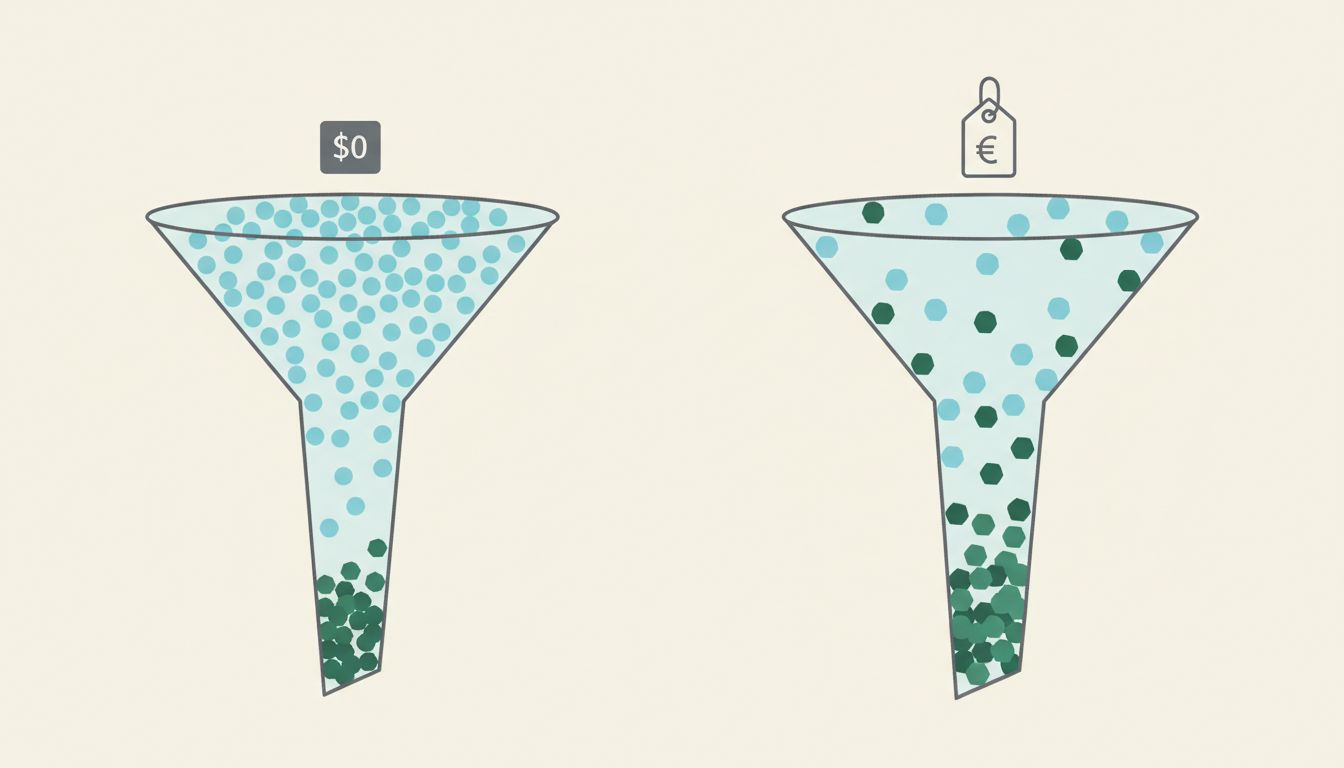 Diagram contrasting how free pricing and paid pricing filter different types of buyers