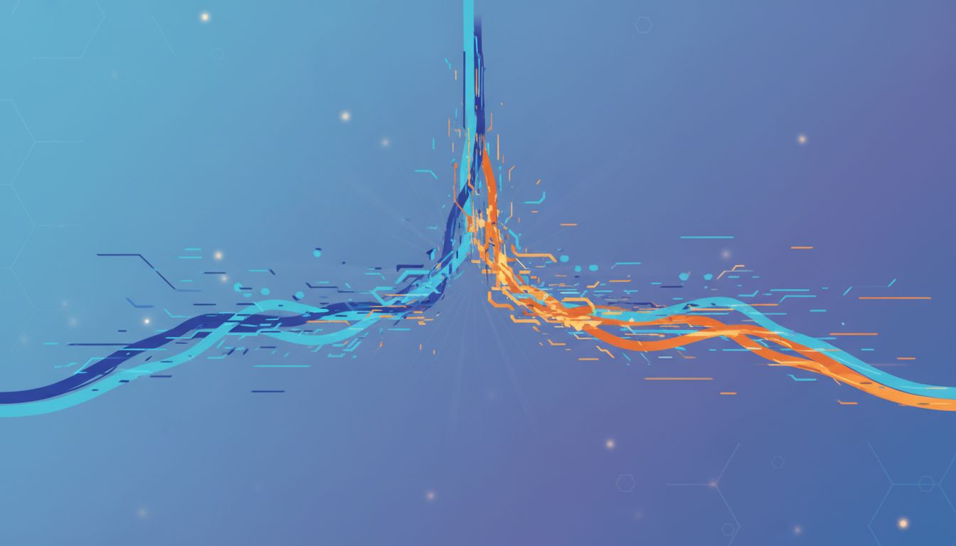 Abstract illustration of a single signal splitting into two diverging paths with uncertain, fraying edges