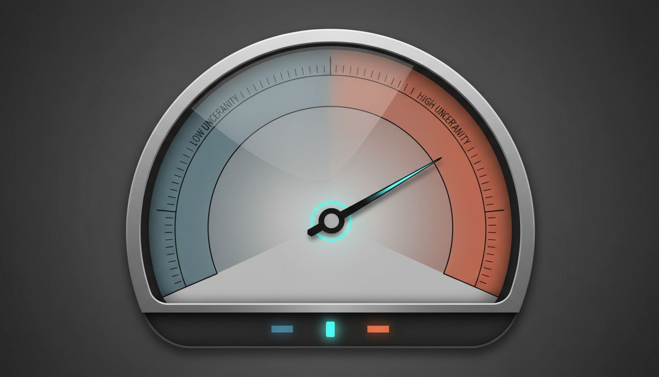 A minimalist gauge or dial with the needle resting in an ambiguous middle zone, suggesting calibrated uncertainty
