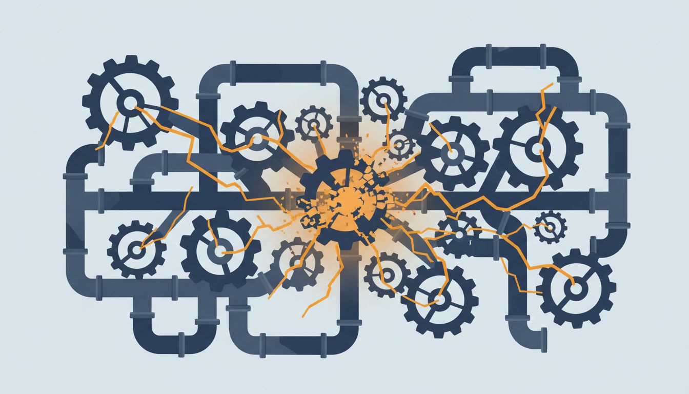 An interconnected system of gears and pipes where a central component is crumbling, causing cascading stress throughout the chain
