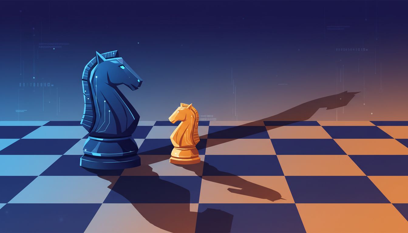 A chess piece casting a shadow shaped like a competitor piece, suggesting a customer becoming a rival