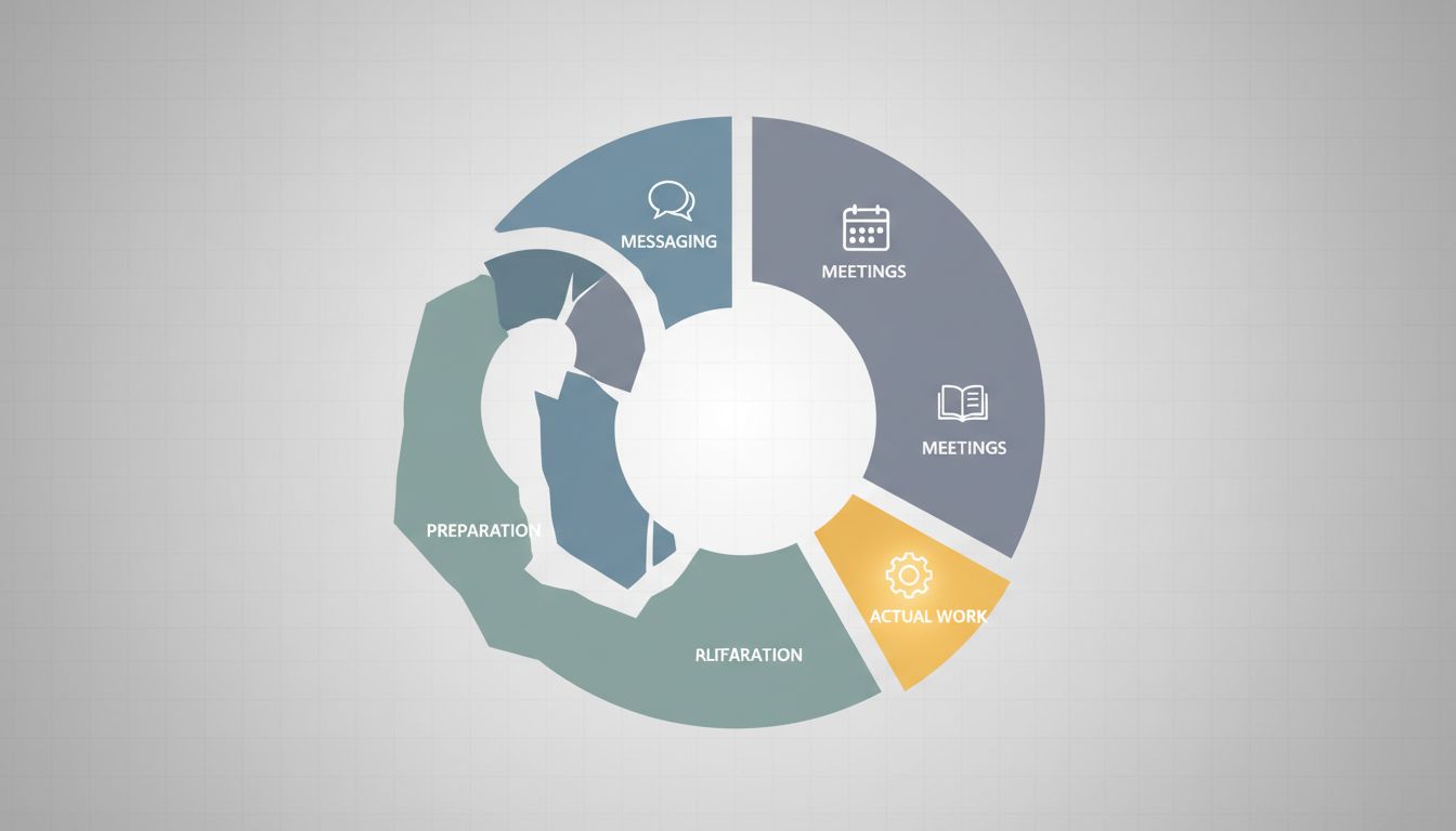 Fragmented diagram showing how knowledge worker attention is divided across a typical workday