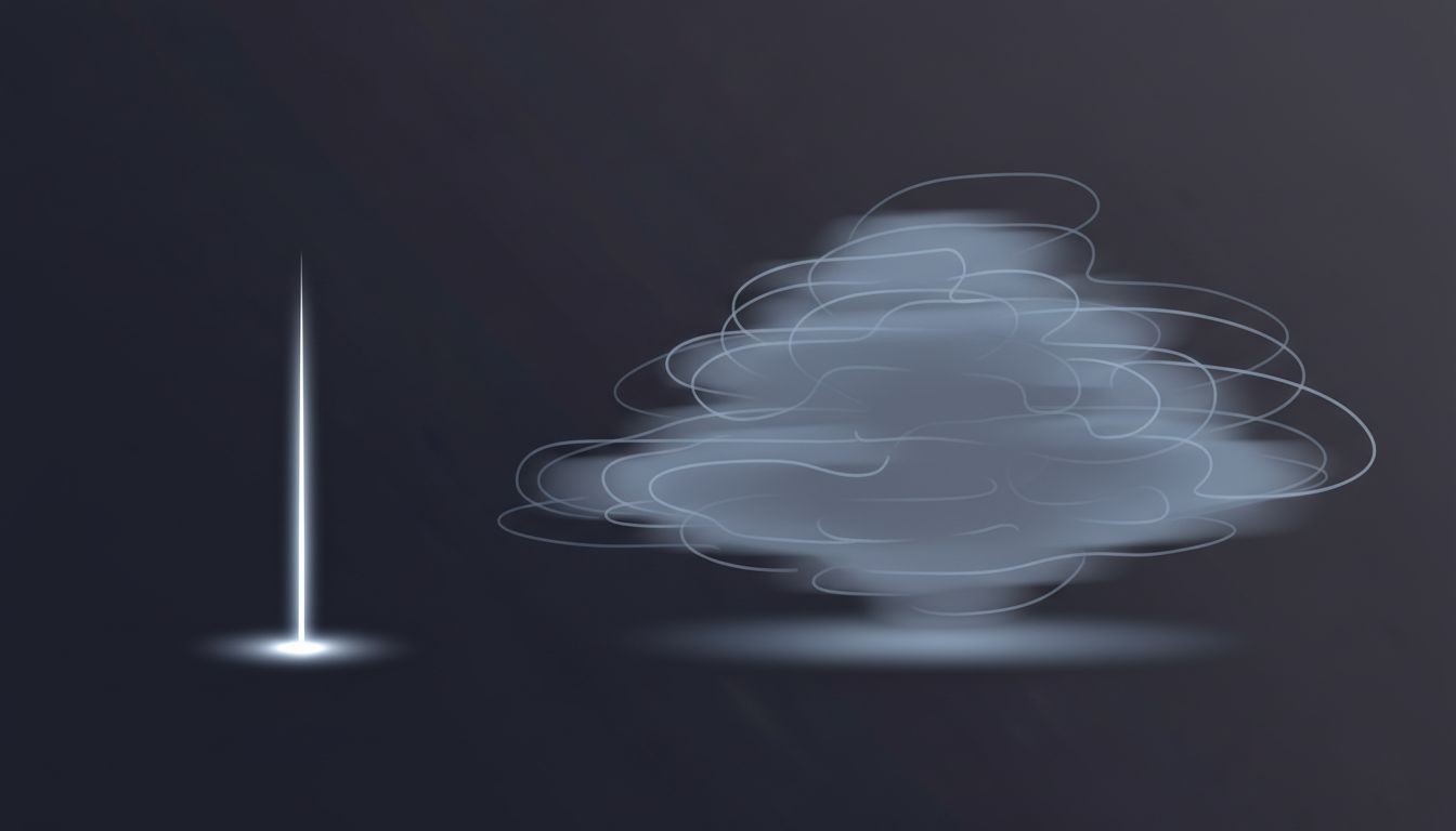 Illustration contrasting a focused beam of light with a diffuse overlapping set of beams, representing focused versus diluted instructions