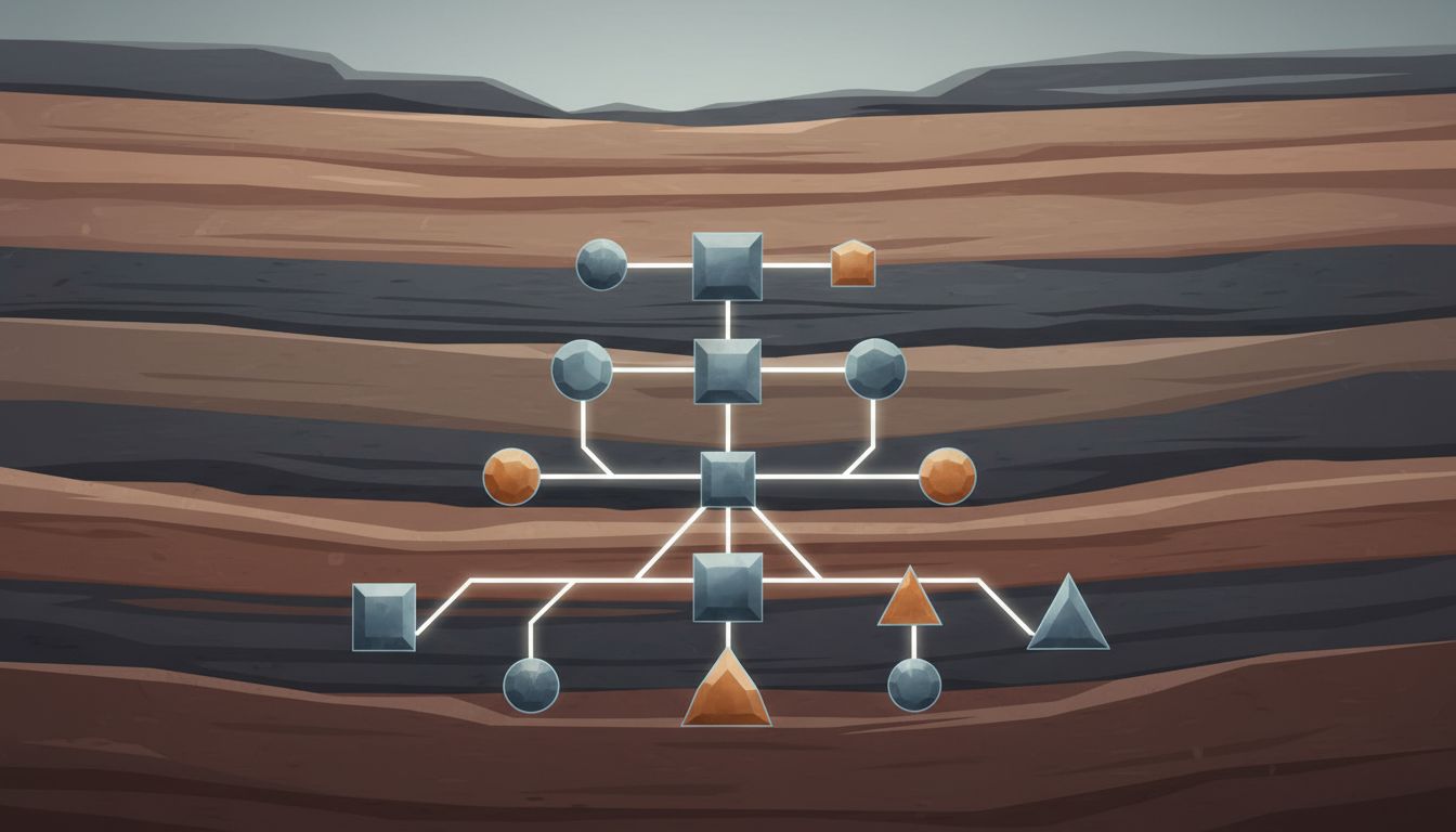 Abstract illustration depicting a B-tree structure as geological strata, suggesting durability over time