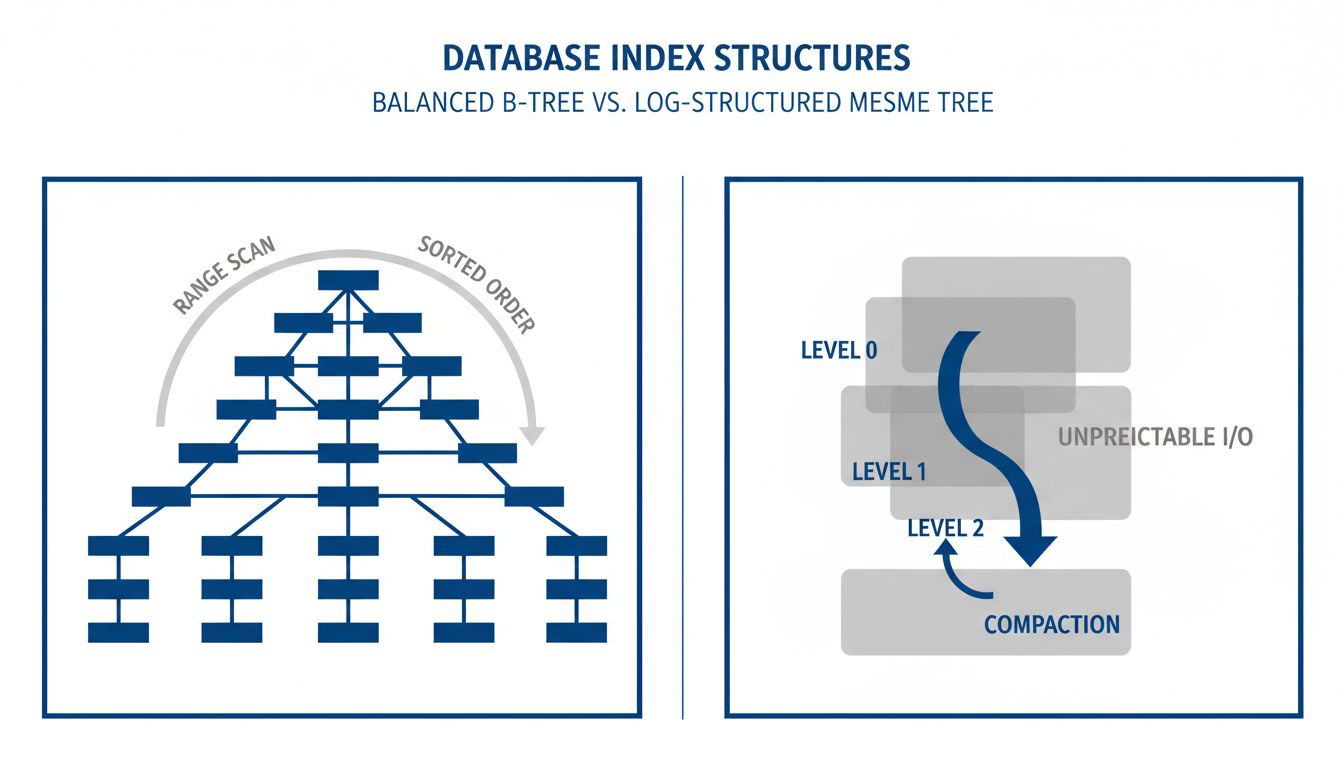 Diagram comparing B-tree and LSM tree structure and access patterns