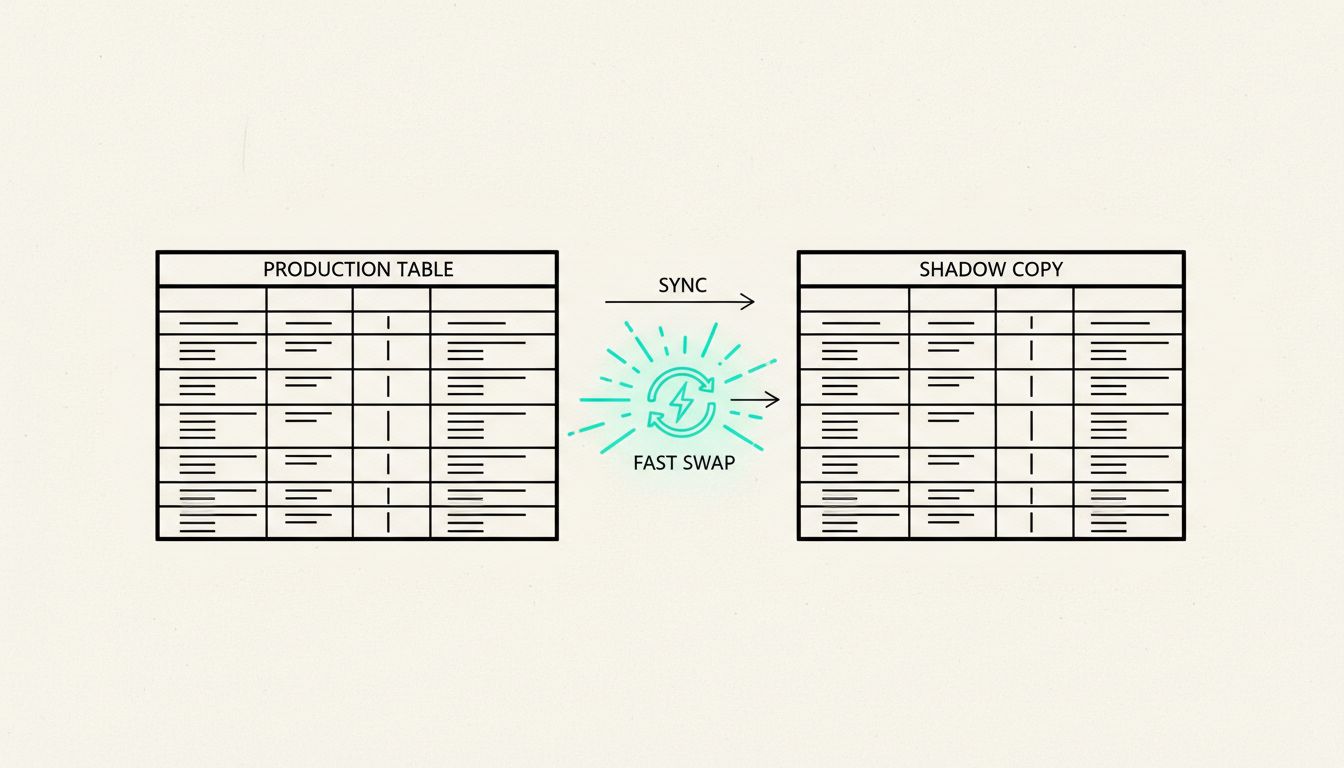 Diagram illustrating the shadow table copy-and-swap technique used by tools like gh-ost for online schema changes