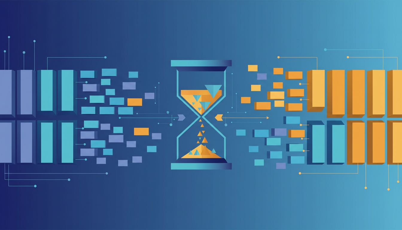 Abstract illustration showing database table pages being disassembled and rebuilt during a column drop operation