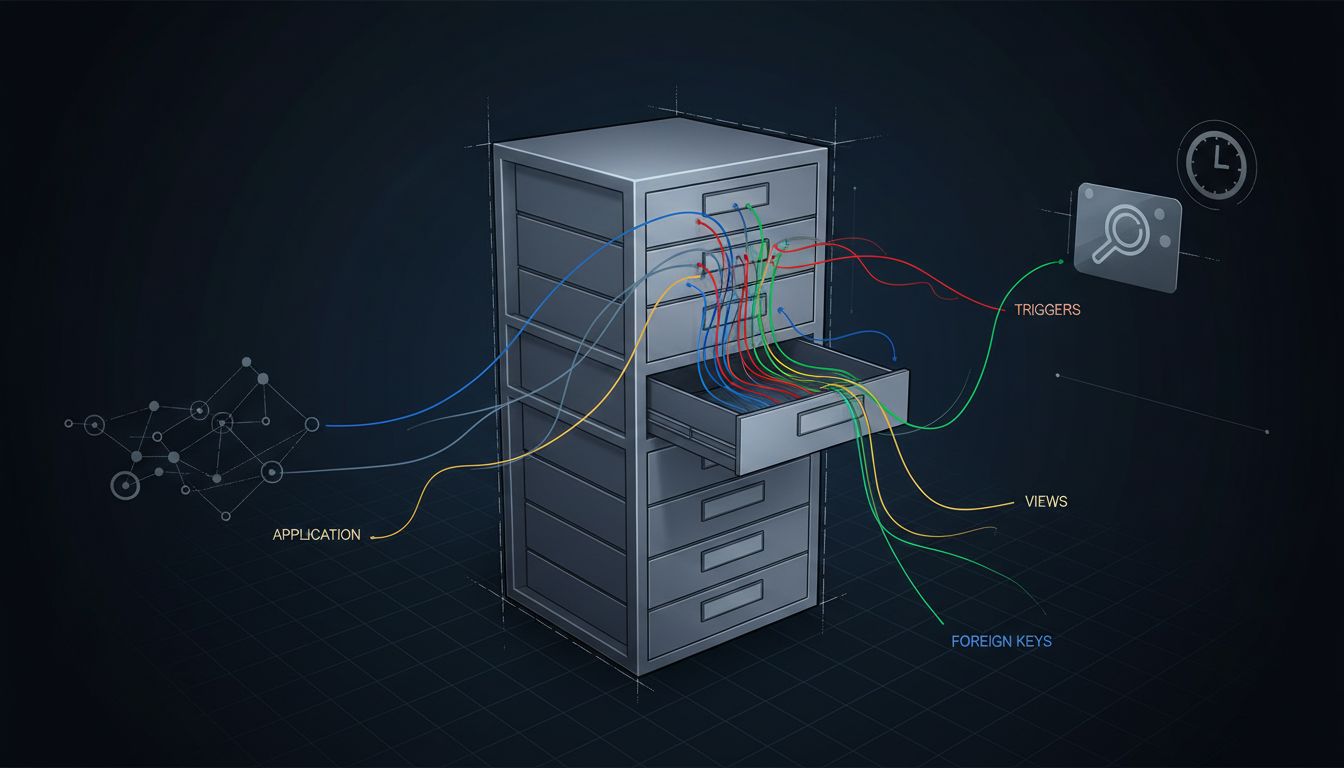 Diagram showing a database column with multiple hidden dependencies attached, all pulling tight as the column is removed