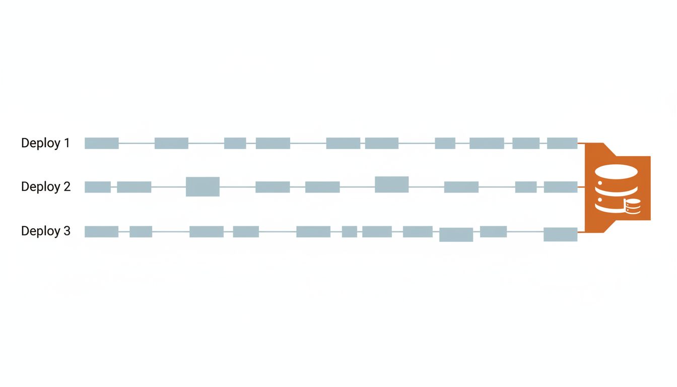 Three-stage deployment pipeline diagram showing the safe sequence for removing a database column