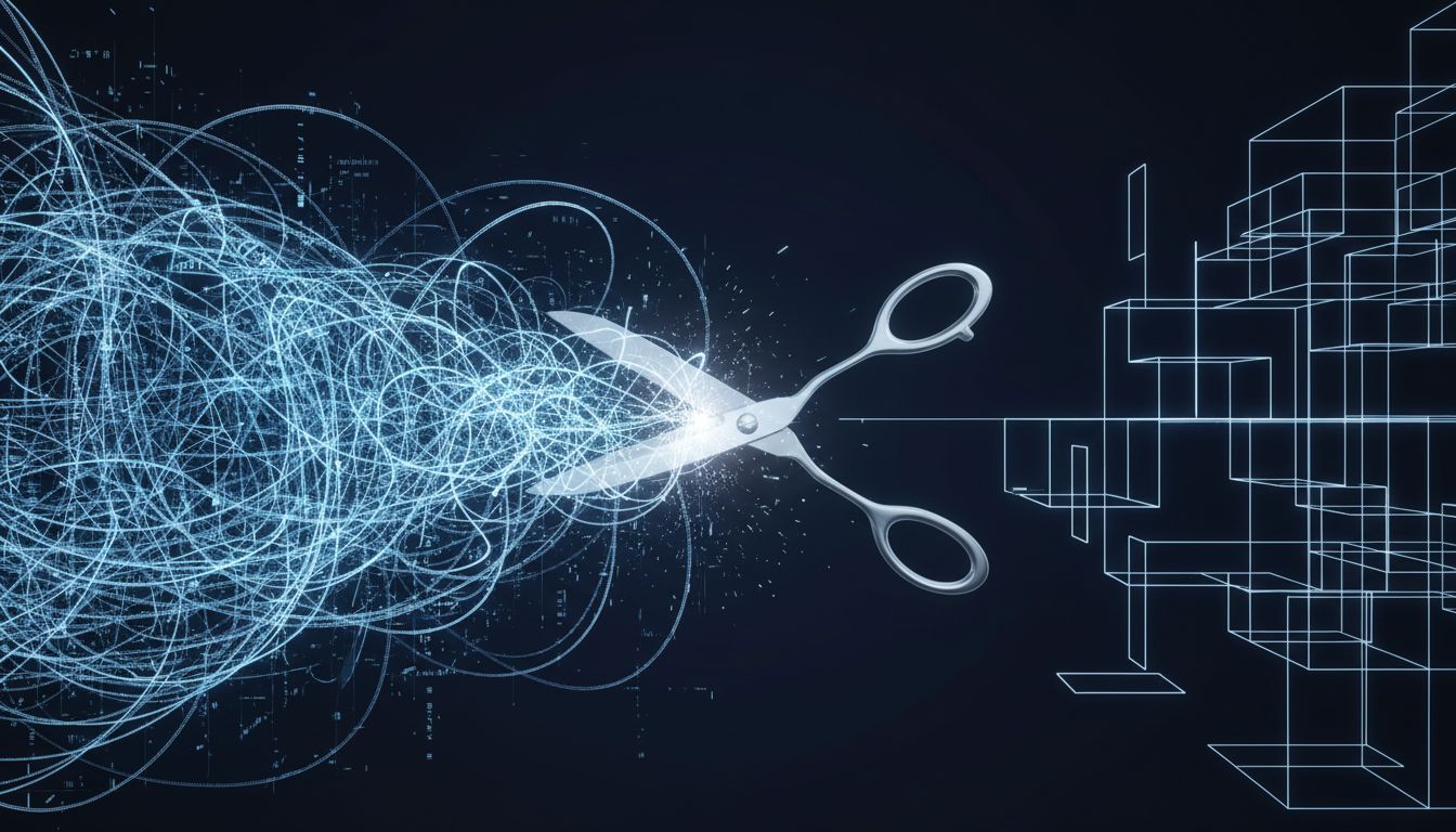 Illustration contrasting tangled dense code with clean minimal code structure