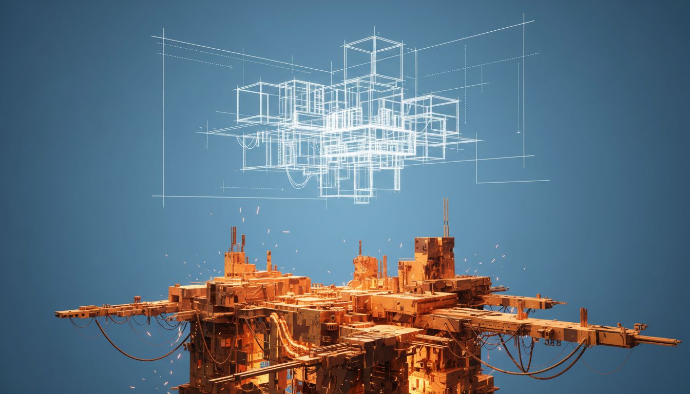 A blueprint plan diverging from the messy reality of what was actually built, representing the gap between financial models and actual startup spending