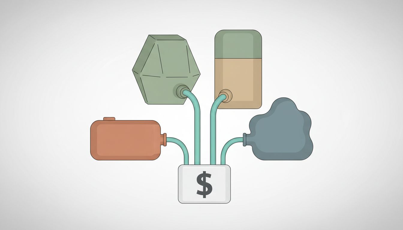Four oversized cost containers draining into a central fund, illustrating how hidden expense categories are consistently underestimated in startup runway models