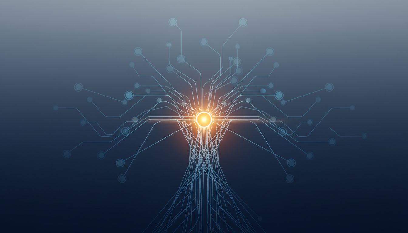 Abstract network diagram showing a single central node pulling all connections toward it, illustrating a team bottleneck