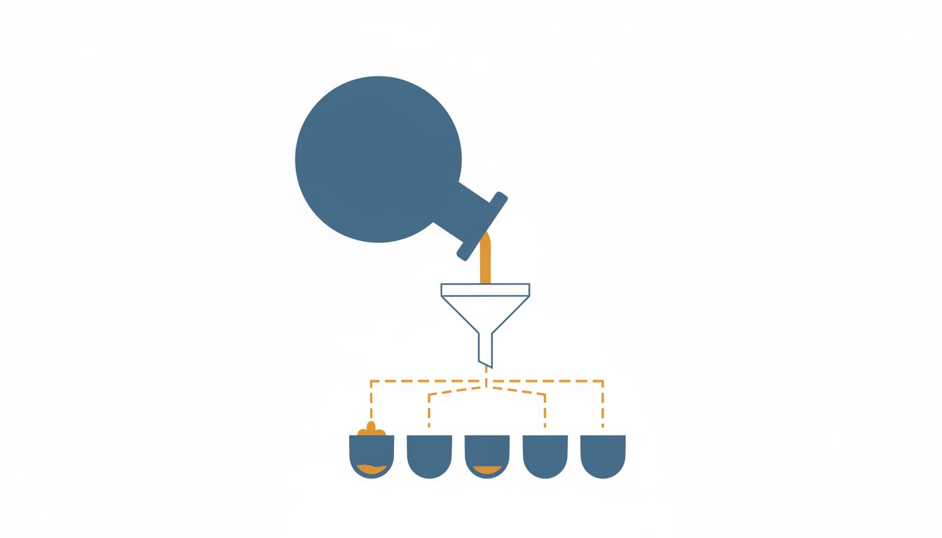 Diagram of knowledge transfer inefficiency, a large source feeding through a narrow funnel into many small outputs