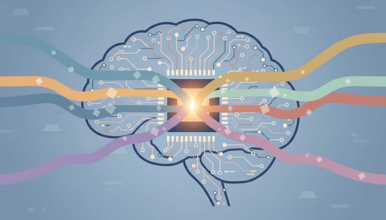 Abstract illustration of a brain bottleneck with multiple competing task streams converging at a single processing point