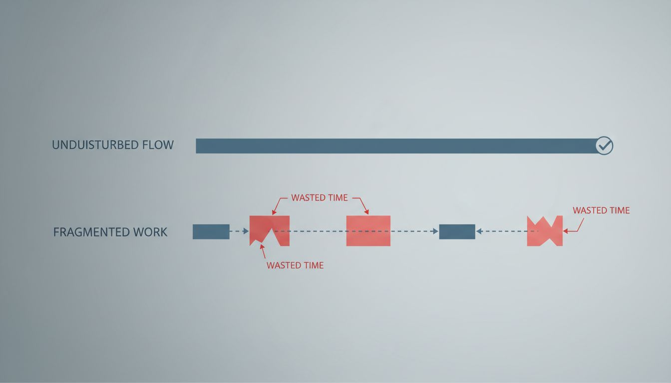 Diagram comparing focused work timeline versus interrupted work timeline showing time lost to context switching recovery