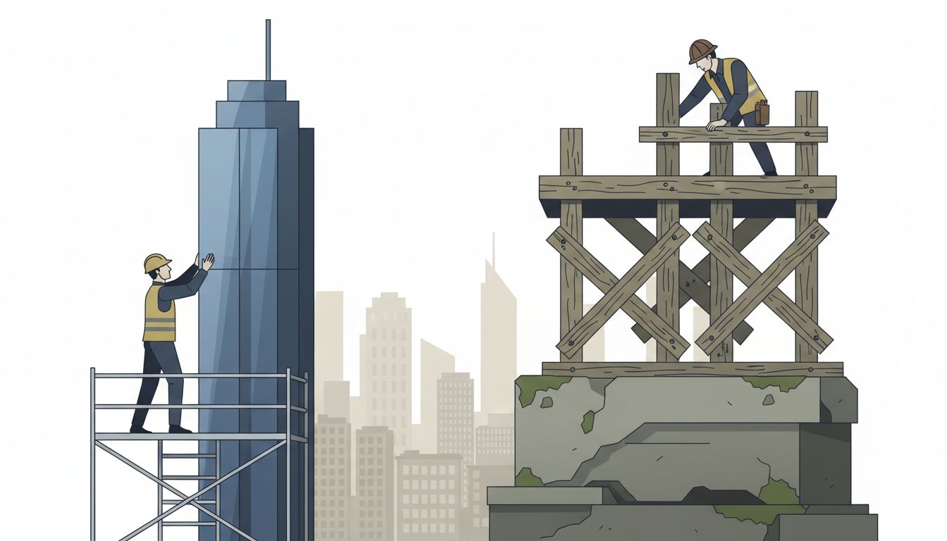 One engineer builds something new while another supports the old foundation that holds everything up