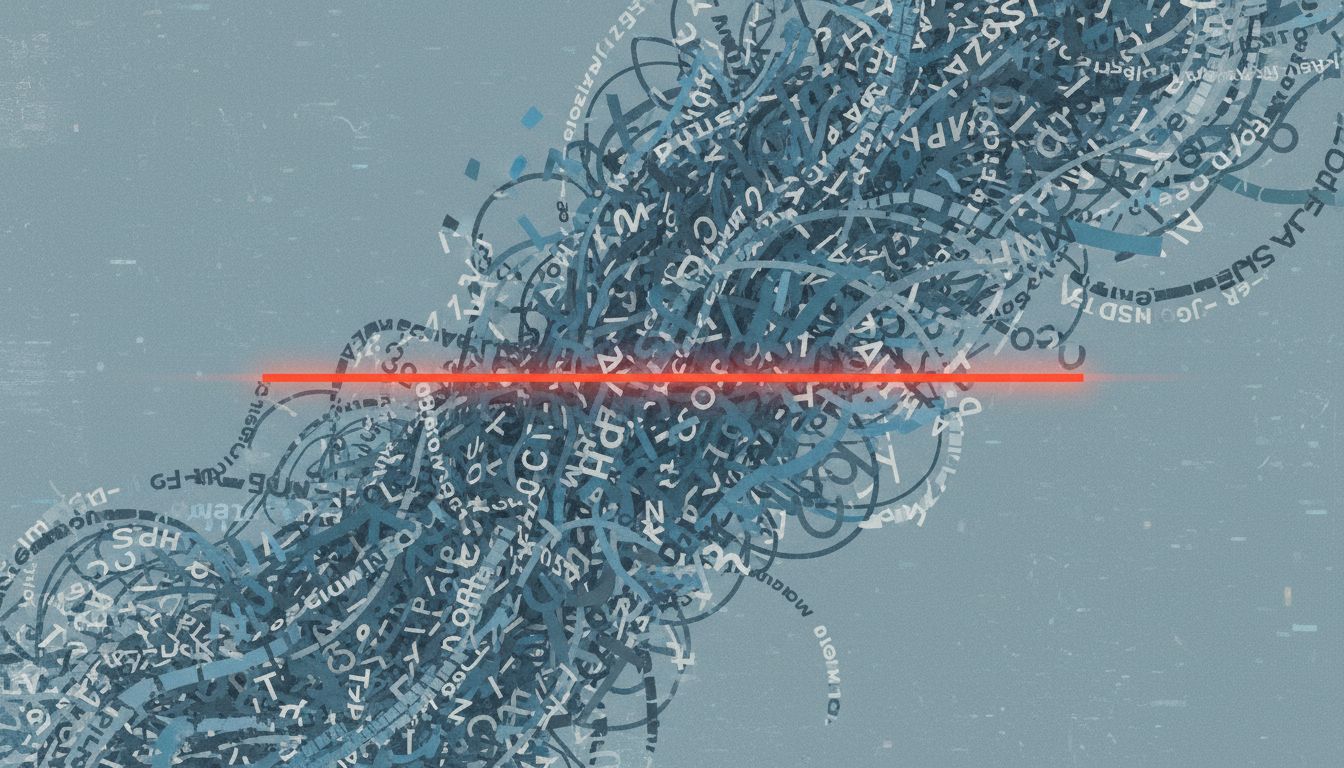 Abstract illustration of a clear signal buried in a flood of noisy, overlapping text