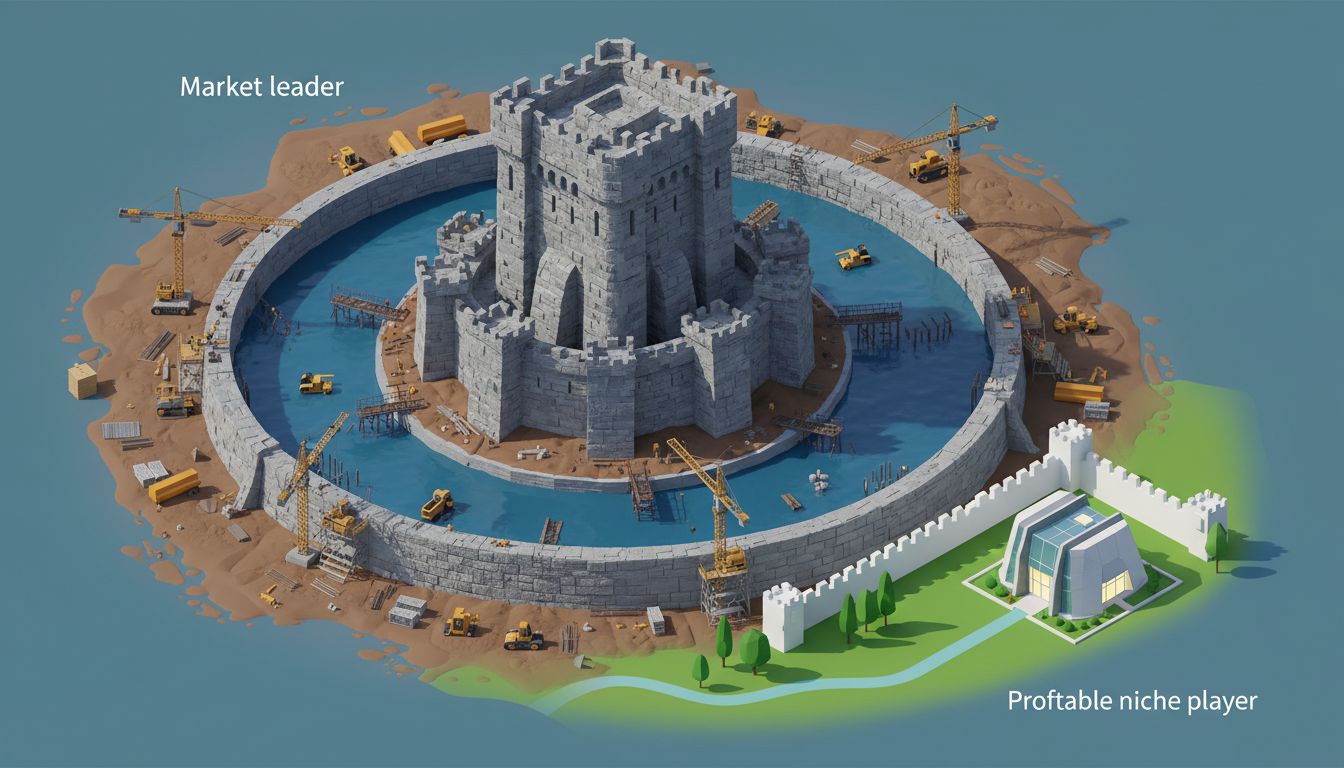 Isometric diagram of a large castle surrounded by an expensive moat, with a smaller profitable structure operating freely just outside it