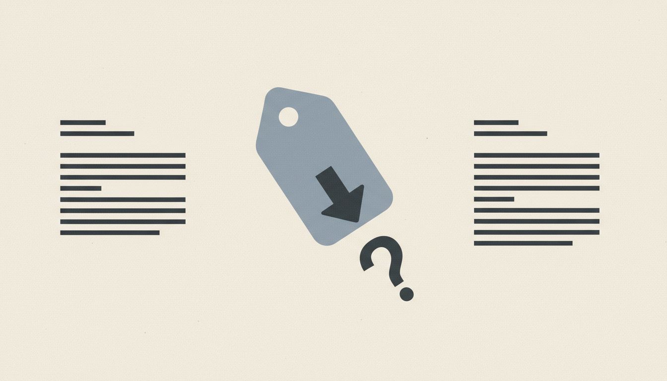 A price tag with a downward arrow morphing into a question mark, symbolizing how low prices create doubt