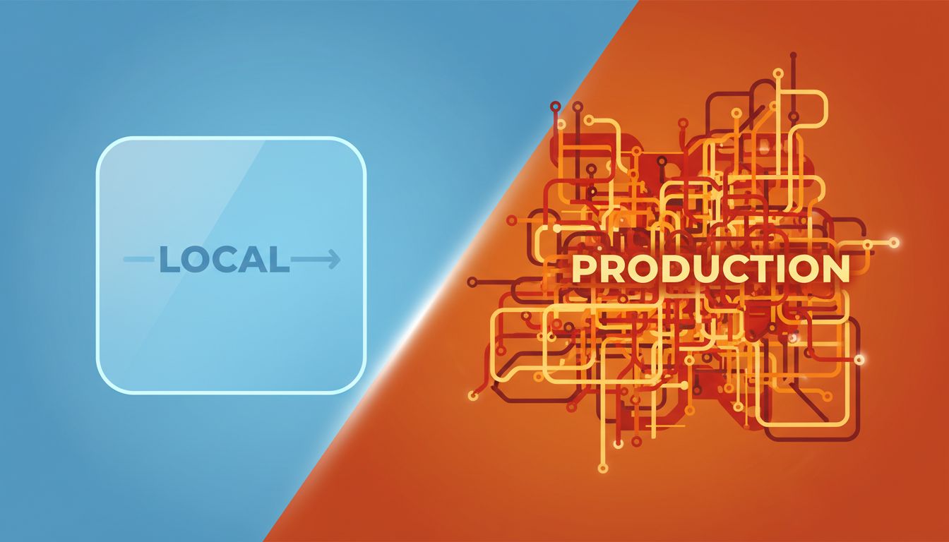 Diagram contrasting a simple local development environment with the complex interconnected nature of a production system