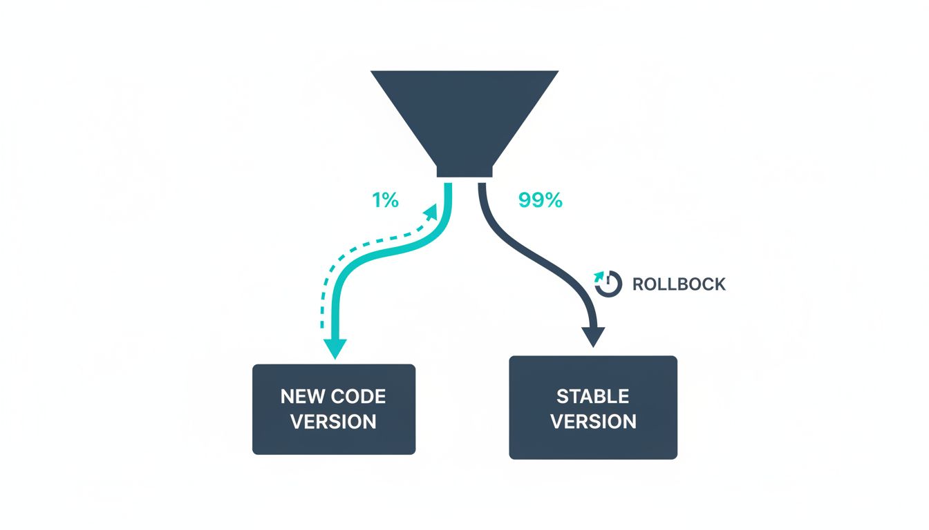 Diagram of a canary deployment splitting production traffic between stable and new code versions