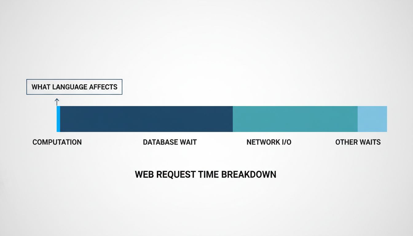 Bar chart showing that computation is a tiny fraction of a typical web request's time, while database and network waits dominate