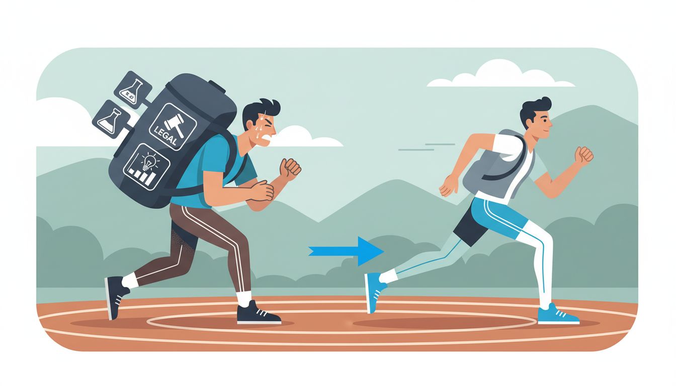 Illustration of a market leader carrying heavy costs while a close competitor runs lighter behind them