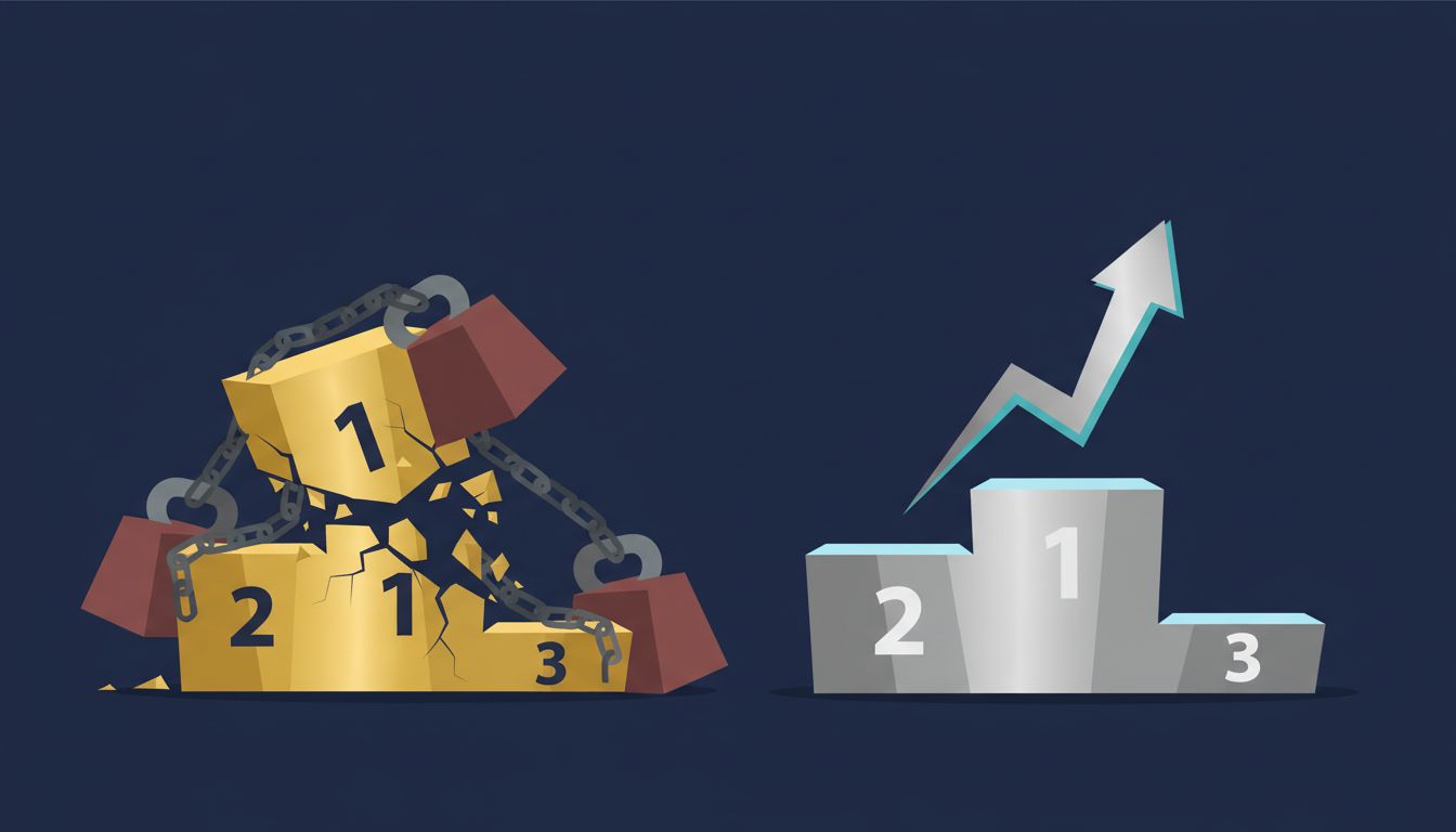 Illustration of a first-place podium weighed down by costs while a second-place podium stands stable and profitable