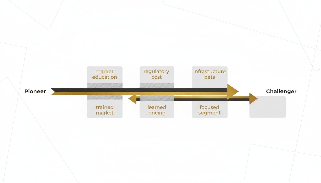 Diagram showing how the challenger enters the market after the pioneer has absorbed the costs of building it