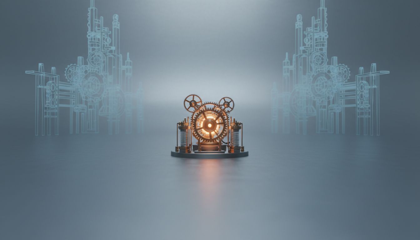 A small precise clockwork mechanism surrounded by ghosted outlines of larger machinery never built