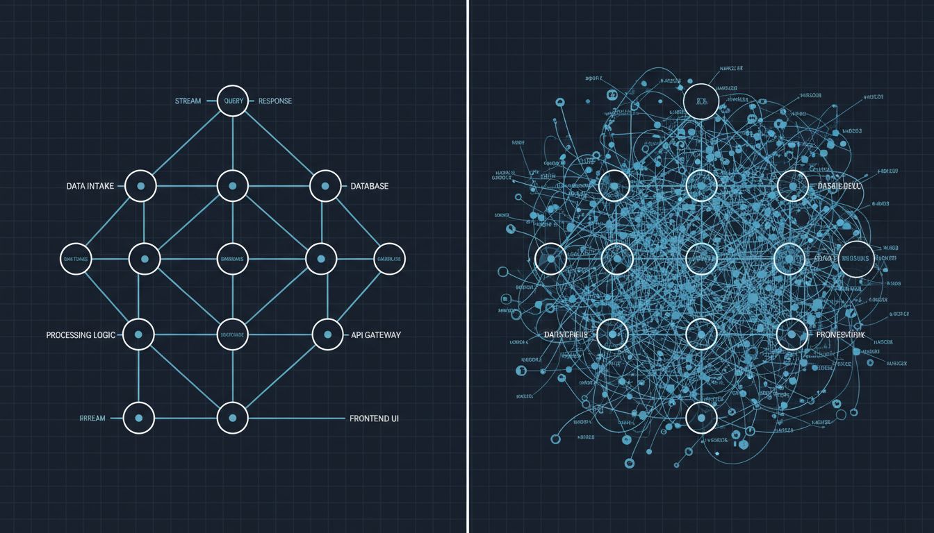 Diagram comparing a small tight product architecture to an expanded tangled one