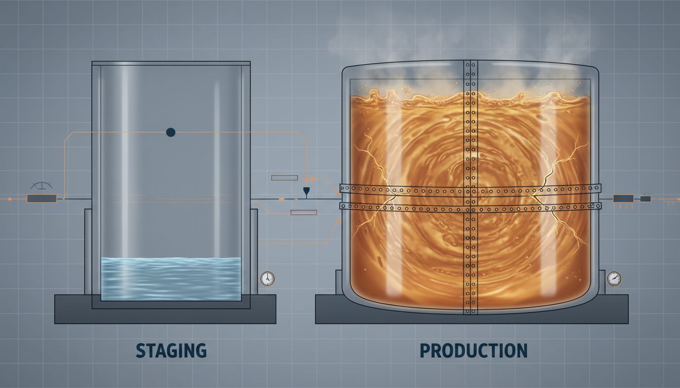 Diagram contrasting a small calm staging environment with a large pressurized production environment showing structural stress