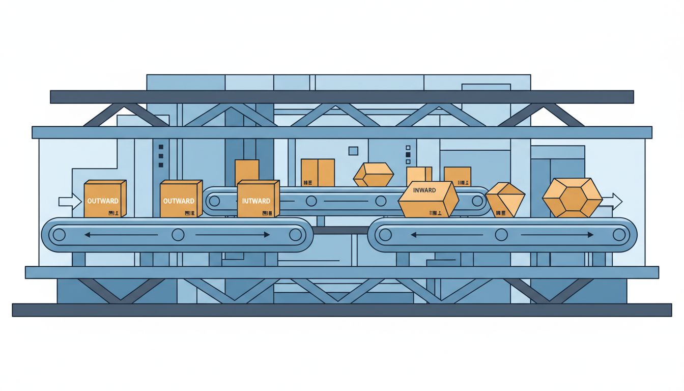 Illustration of two conveyor belts moving in opposite directions inside the same building, representing simultaneous layoffs and hiring