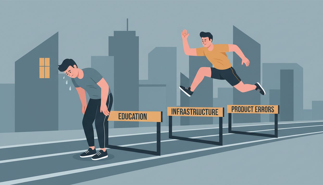 Illustration of a pioneer runner exhausted from clearing market obstacles while a second runner runs easily past the same cleared hurdles