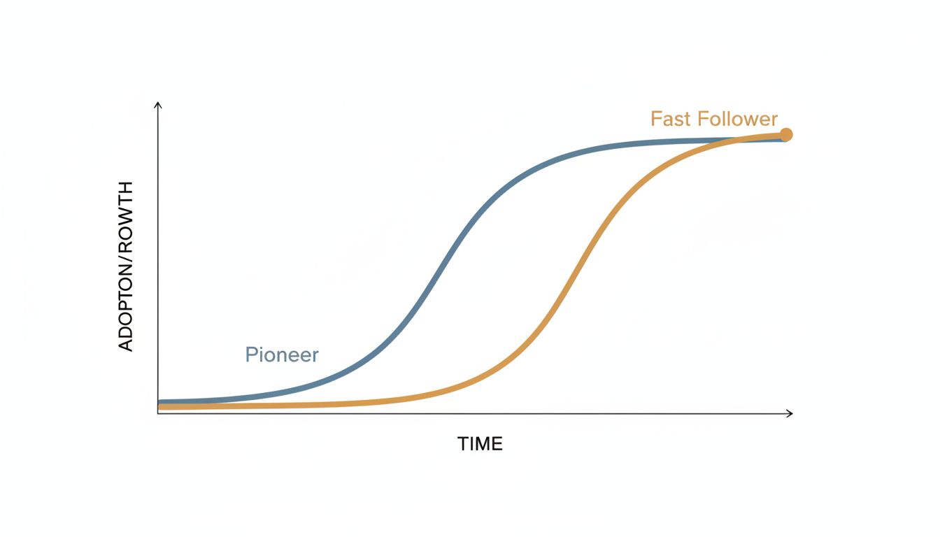 Chart showing pioneer growth curve eventually surpassed by second-mover growth curve