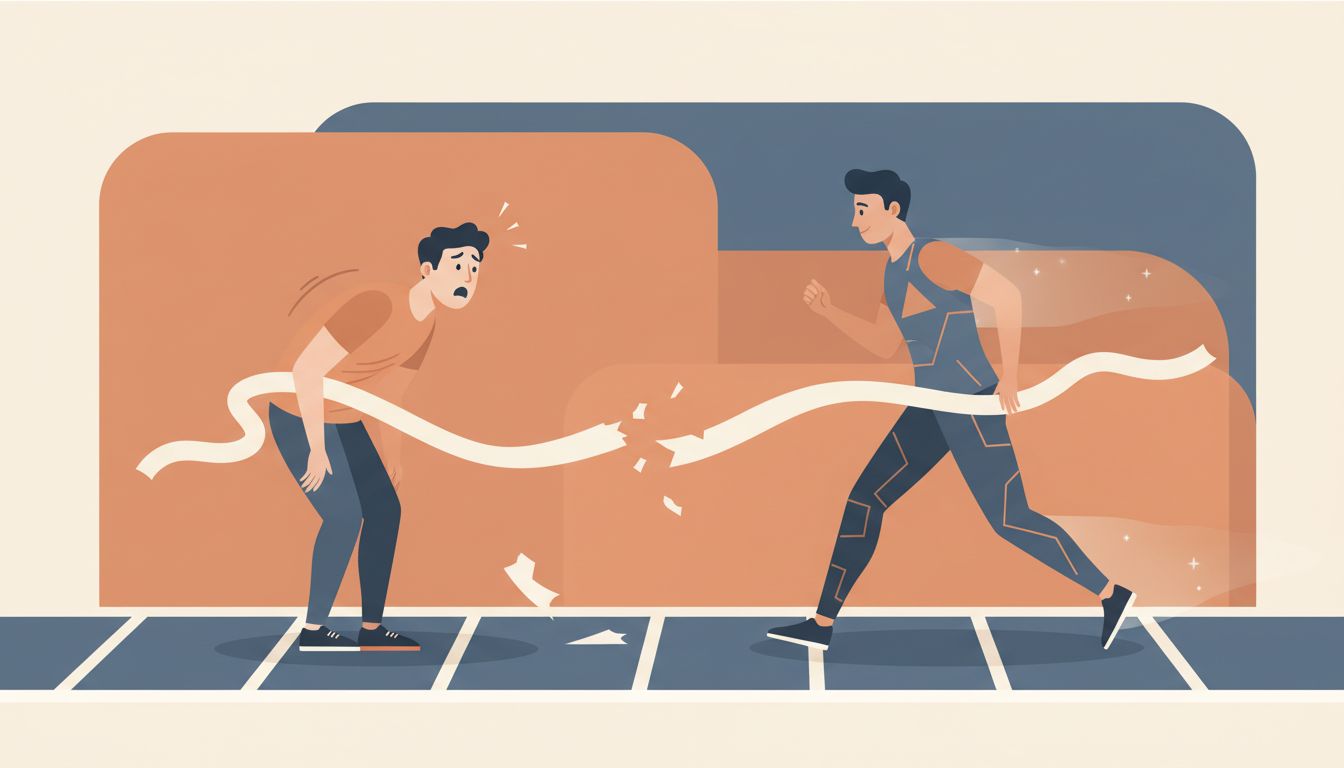 Illustration of a tired first runner who broke the tape and a fresh second runner stepping through the already-broken finish line