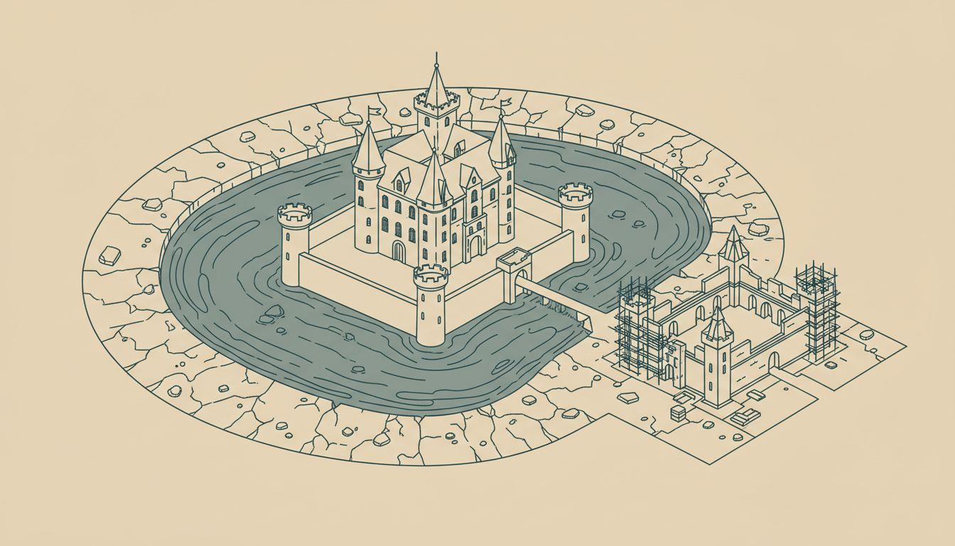 Diagram showing a castle moat drying up as a second castle is built just outside it