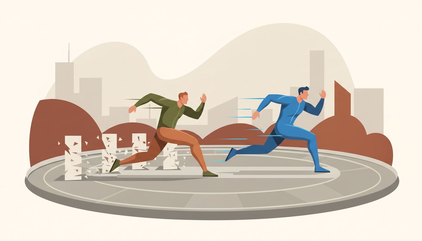 Illustration showing a pioneer clearing obstacles on a track while a second runner follows an easier path